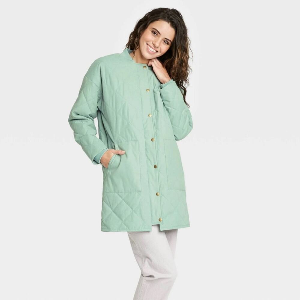 Universal Thread Women’s Quilted Long Coat Size Large Green Blue Pastel Fall